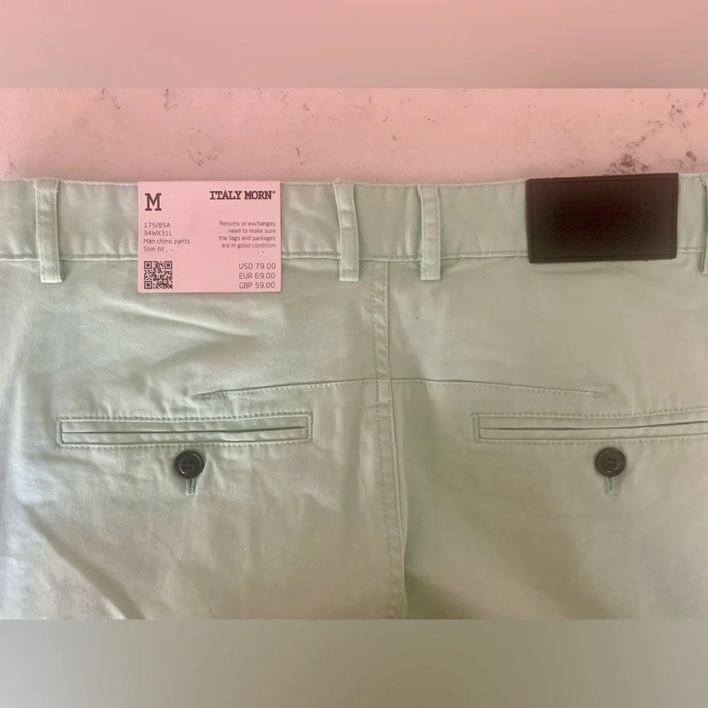 Italy Morn Men’s Mint Green Chino Pants Slim NWT - 34 X 31